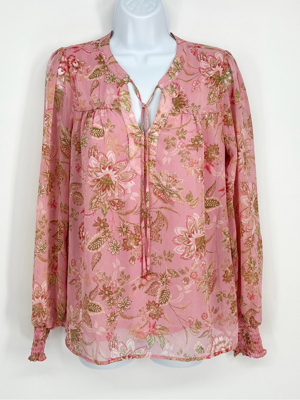 Joie Pink Floral Paisley Long Sleeve Smocked Cuff Tie V Neck Blouse Small